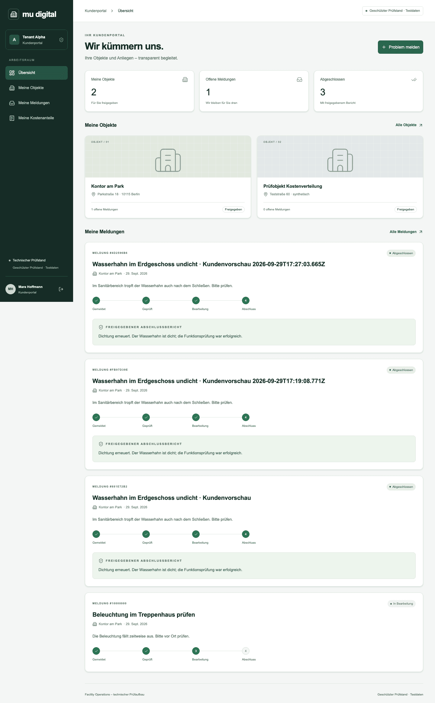 Kundenansicht der Facility-Referenzimplementierung mit ausdrücklich freigegebenem Bericht und synthetischen Daten.