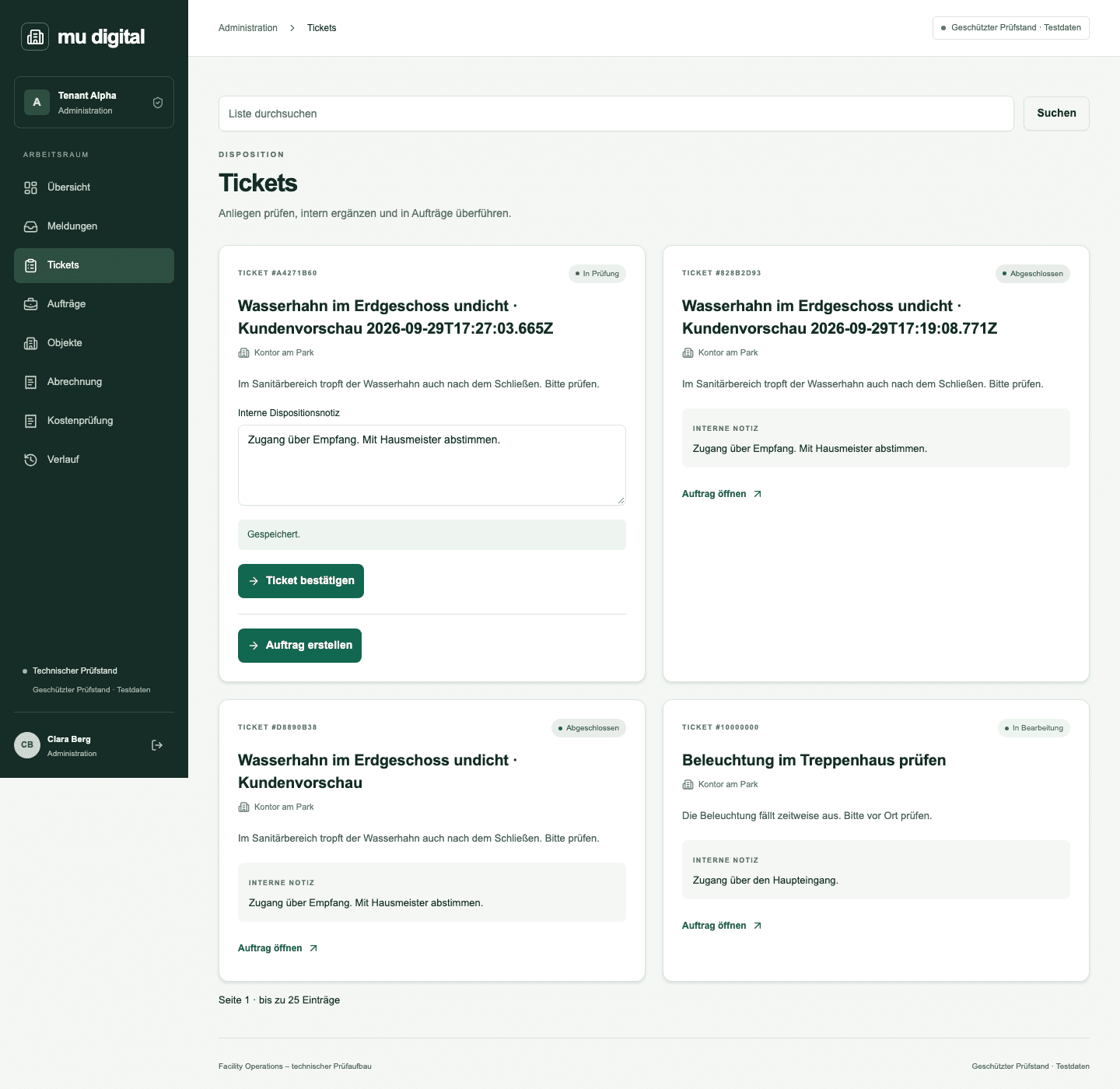 Verwaltungsansicht der technischen Facility-Referenzimplementierung mit synthetischen Tickets und interner Dispositionsnotiz