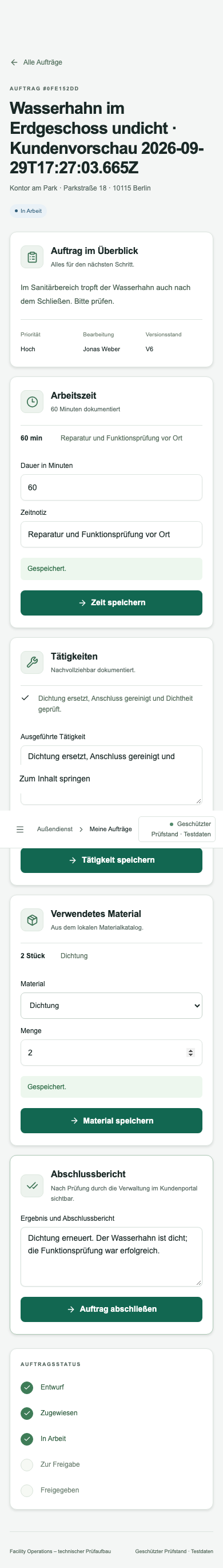 Mobile Dokumentation eines synthetischen Auftrags mit Zeit, Tätigkeit und Material