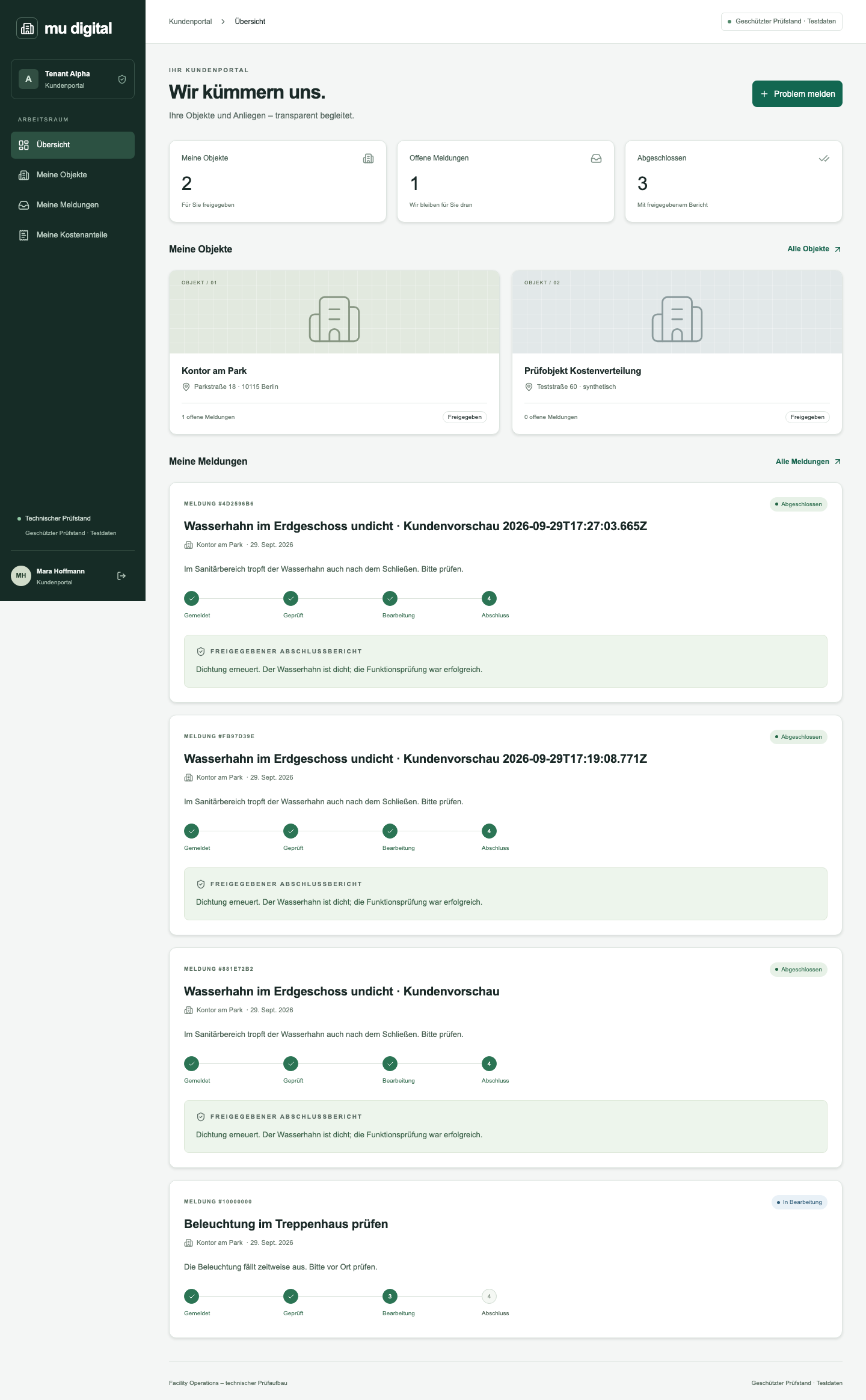 Synthetisches Kundenportal mit ausdrücklich freigegebenem Abschlussbericht