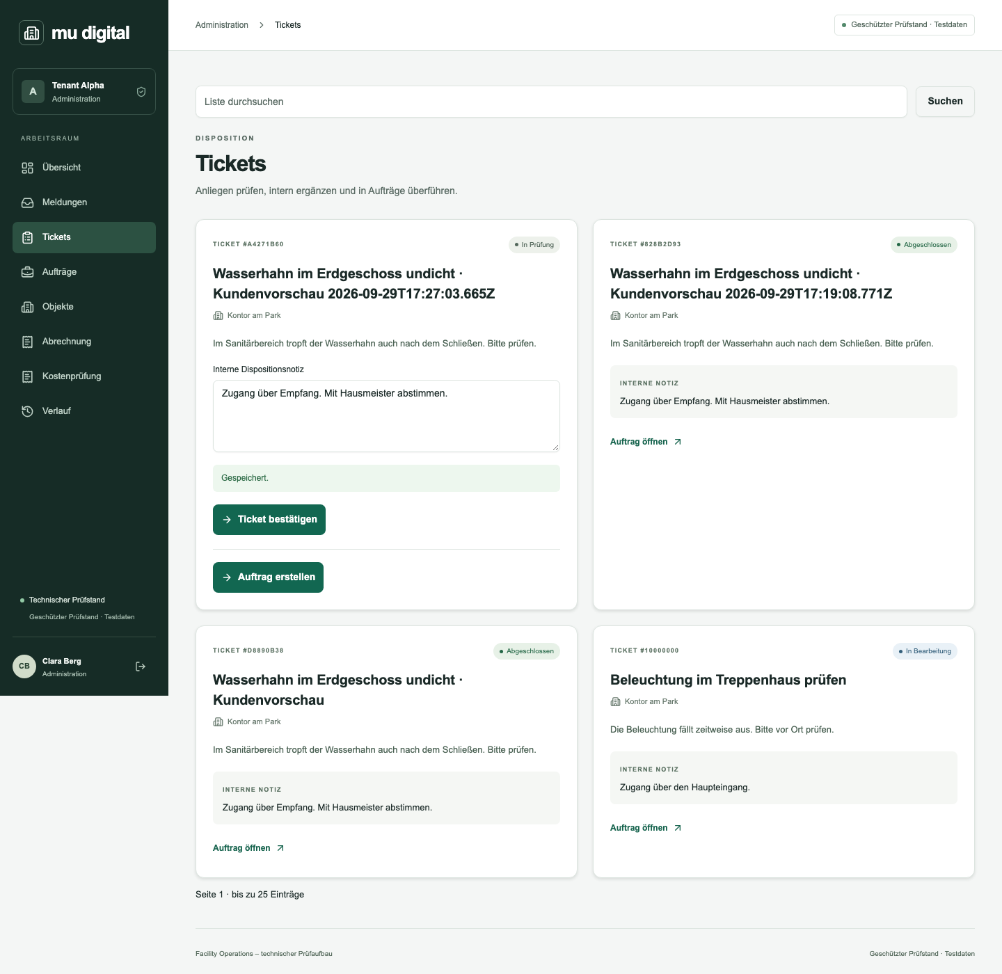 Verwaltungsansicht mit synthetischen Tickets und interner Dispositionsnotiz
