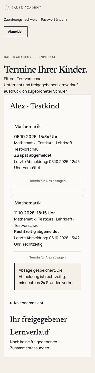 Mobile Guardian-Testansicht mit gespeicherter rechtzeitiger Absage für den Unterrichtstermin des zugeordneten Testkindes