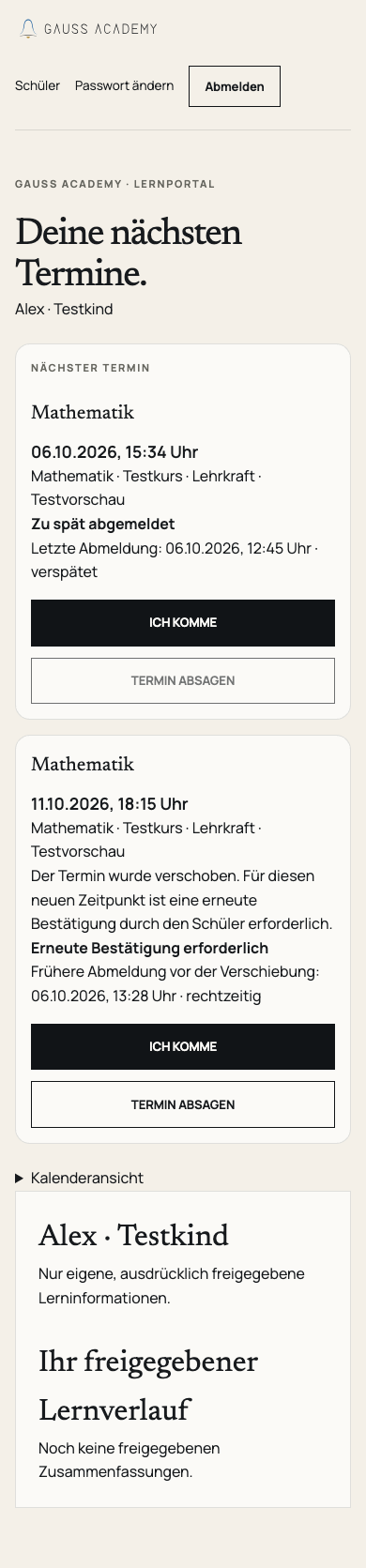 Mobile Schüler-Testansicht mit verschobenem Unterrichtstermin, erneuter Bestätigung und Bestätigungs- sowie Absageaktion